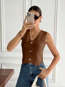 Chaleco elegante de mujer de unicolor con cuello en V sin mangas, decorado con botones metálicos, para verano, playa, vacaciones, estilo boho, tropical, casual, de oficina, de salida elegante, para la escuela y vacaciones, color albaricoque - Marrón - Ver 7