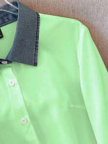 Camisa de efecto de mezclilla de parchwork casual para mujer, otoño/invierno - Verde - Ver 4