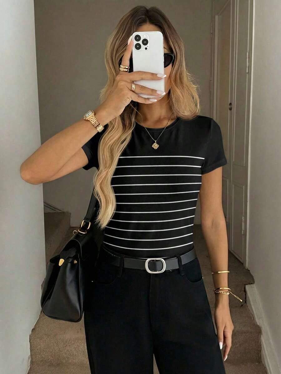 Camiseta de manga corta ajustada de cuello redondo minimalista casual para mujer, adecuada para primavera/verano - Multicolor 6 - Ver 1