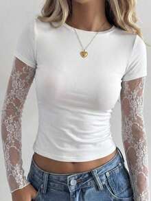 1 pieza Camiseta de mujer con cuello redondo lisa, de ajuste ceñido y manga corta, simple y de moda, adecuada para el verano - Blanco 4 - Ver 4