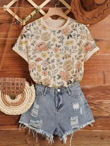 Camiseta casual de mujer de manga corta, cuello redondo, con estampado floral de verano - Caqui - Ver 1