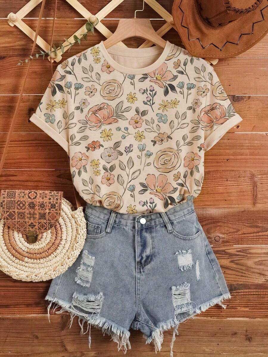 Camiseta casual de mujer de manga corta, cuello redondo, con estampado floral de verano - Caqui - Ver 1