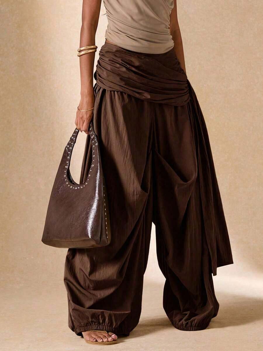 Pantalones sueltos y plisados de unicolor para uso diario de mujer - Café integral - Ver 1