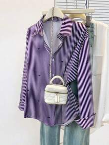 Camisa de manga larga con estampado a rayas y lazo, con botones delanteros, cuello de camisa, top casual, adecuado para primavera, otoño e invierno en color rosa - Morado - Ver 9