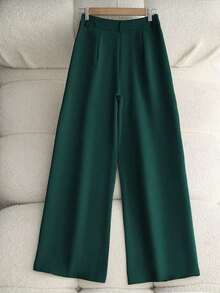 Pantalones casuales de mujer de unicolor con bolsillo oblicuo y pliegues - Verde Oscuro - Ver 2