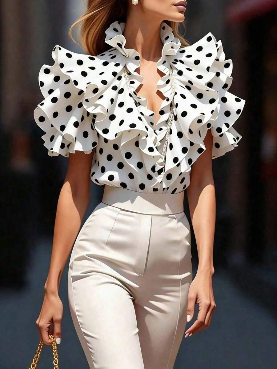 Blusa de mujer con cuello en V profundo, estampado de lunares y volantes multicapa - Blanco y Negro - Ver 1