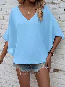 Camisa de manga de murciélago de unicolor casual, verano - Celeste - Ver 7