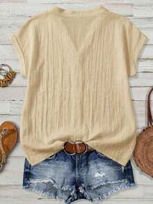 Camisa de mujer de unicolor con cuello en V, casual y versátil para uso diario - Albaricoque - Ver 2