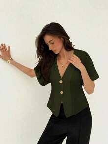 Camisa blanca sólida con mangas de murciélago, doble botonadura y frente abierto elegante - Verde militar - Ver 7
