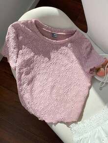 Camiseta básica de manga corta de cuello redondo tejida en jacquard rosa, de verano - Púrpura malva - Ver 4