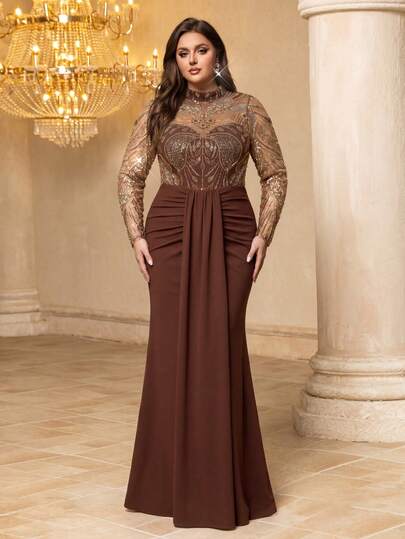  UNITHORSE [Random Cut] Plus Size Stand Collar Waist Cinched Long Sleeve Sequin Decor Patchwork Knit Evening Gown Dress