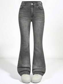 Explorewe Jeans de mezclilla estilo Y2K versátiles lavados y desgastados con pierna acampanada y elásticos para niñas adolescentes - Gris Claro - Ver 7