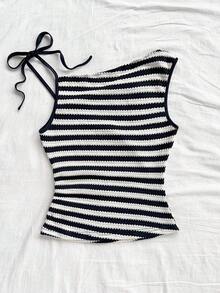 Parte superior ajustada de punto con cuello asimétrico a rayas rojas y blancas, adecuada para fiesta, Navidad, cita, playa, carnaval, verano - Multicolor 3 - Ver 2