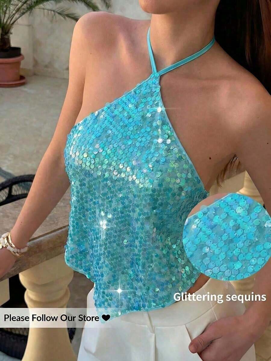 Top halter con espalda descubierta y lentejuelas sexy para mujer, atuendos de verano, ropa de verano, atuendos de playa para mujer, atuendos de vacaciones, atuendos bohemios tropicales de vacaciones para mujer, atuendos de concierto, atuendos de ra - Plateado - Ver 1