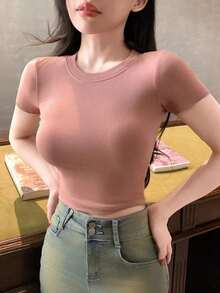 Camiseta de manga corta de unicolor casual para mujer, verano - Rosa vieja - Ver 4