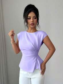 Conjunto de primavera para mujer para exteriores, adecuado para Año Nuevo, Día de San Valentín, Pascua, Día de la Madre, fiesta de Oriente Medio, boda, elegante vacación romántica francesa, lugar de trabajo, blusa sin mangas con cintura ceñida y v - Púrpura malva - Ver 3
