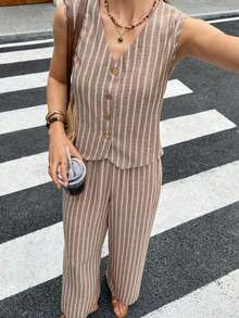 Frenchy 1 Conjunto de 2 Piezas: Top sin Mangas con Cuello en V y Botones Frontales y Pantalones Largos, Estilo Casual para Navidad y Verano - Marrón café 3 - Ver 3