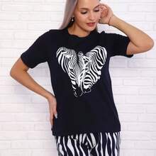 Camiseta de Verano 2026 para Mujer, Cuello Redondo, Manga Corta, Talla Grande, Corte Holgado, Estampada, de Algodón, para Cubrir el Vientre - Blanco - Ver 2