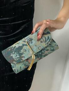 春夏新款女式刺繡印花手拿包,流蘇裝飾,奢華刺繡復古風,適合日常、派對、宴會、生日、婚禮,輕便手提包,百搭復古魅力,追求優雅個性化女性的理想選擇,適用於任何場合,優雅奢華女士包 - 軍綠色 - 查看 3