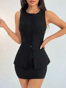 PETITE Conjunto de blazer y falda con botones delanteros sólidos para mujer de negocios para el verano, ropa sexy de oficina, estilo "sirena de oficina", conjunto de dos piezas de estilo "dinero viejo" para atuendos de maestras en otoño/invierno - Negro - Ver 3