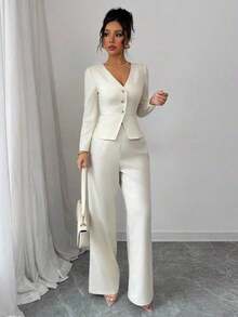 Elenzya Conjunto de blazer y pantalones de manga larga elegante para mujer, estilo de negocios/oficina, adecuado para verano, Día de la Independencia, graduación, vuelta al colegio - Albaricoque - Ver 4
