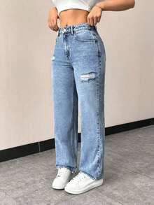 Jeans rectos de talle alto con bolsillos, ajustados y desgastados para mujer - Lavado ligero - Ver 3