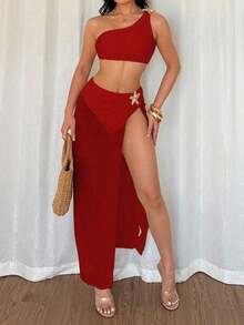 Swim Oasis Conjunto de bikini con top de un solo hombro de onda sólida con acento de estrella de mar de metal, pantalones de talle alto y falda con acento de estrella de mar de malla, perfecto para la playa y las vacaciones - Rojo - Ver 3