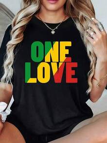 Inspirational Phrase ONE LOVE Symbolizing Unity, Peace And Universal Love In Vibrant Colors Reflecting Positive Energy And Togetherness. Comfortable Casual Women's T-Shirt, 100% Cotton. - 黑色 - 查看 1