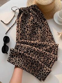 Pantalones Largos Para Mujer Con Estampado De Leopardo Y Cordón De Ajuste - Blanco 2 - Ver 8