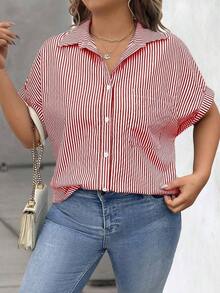 Vionelle Blusa casual de talla grande para mujer con estampado de rayas azul y blanco, de manga corta y abotonada, para el verano - Rojo - Ver 3