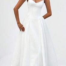 Unadoll Women's Elegant White Corset Midi Dress, Sweetheart Neck Spaghetti Strap Lace-Up Back A-Line Formal Dress For Wedding & Party - Blanco - Ver 11