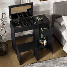 Vanity Dressing Table With Flip Mirror Stool Multifunctional Bedroom Desk - Negro - Ver 3