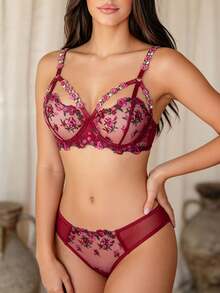 Temptuelle Style Dream Women's Sexy Lingerie Set, Burgundy Embroidered Floral Bra And Panty 2-Piece Set, Comfortable Solid Thong, Sensual For Valentine's Day Couples - Burgundy - View 3