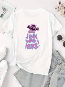 Soft Fabric T-Shirt With Creative Cartoon Letter Print, Women's Short Sleeve Shirt, Fashionable And , Simple Casual Sports T-Shirt, Comfortable Summer Vacation Top, Fashionable T-Shirt. - 白色 - 查看 2