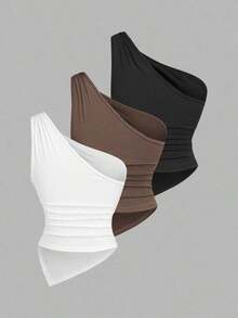 Blusa de unicolor minimalista con cuello asimétrico y hebilla de metal para mujer - Multicolor 10 - Ver 2