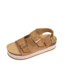 Adjustable Women's Woven Straw Pattern Sandals, Women's Double Strap Buckle Back Strap Open Toe Thick Bottom Casual Shoes, Wedge Heels - Brown Velvet - View 6