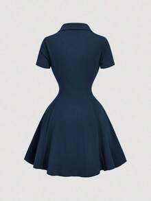Vestido mini de punto con cuello de volantes en caqui vintage - Estilo preppy, años 70, informal, cómodo, para ir y venir, estética de dinero antiguo, perfecto para atuendos escolares, atuendos de enseñanza y ropa de oficina - Azul marino - Ver 2