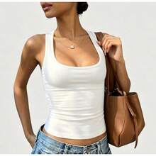 Women's Slim Fit Ribbed White Tank Top U-Neck Sleeveless Casual Daily Wear - White - View 1