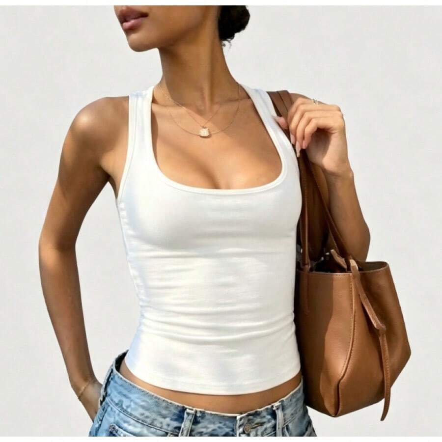 Women's Slim Fit Ribbed White Tank Top U-Neck Sleeveless Casual Daily Wear - White - View 1