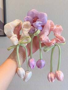 2pcs Lily Of The Valley Hair Scrunchies, [Beige, Blue, Pink, Green, Purple] Multi-Color Lily Of The Valley Hair Ties, Perfect For Summer Beach Photos Ponytail Elastic Hair Ties - Watermelon Pink - View 2