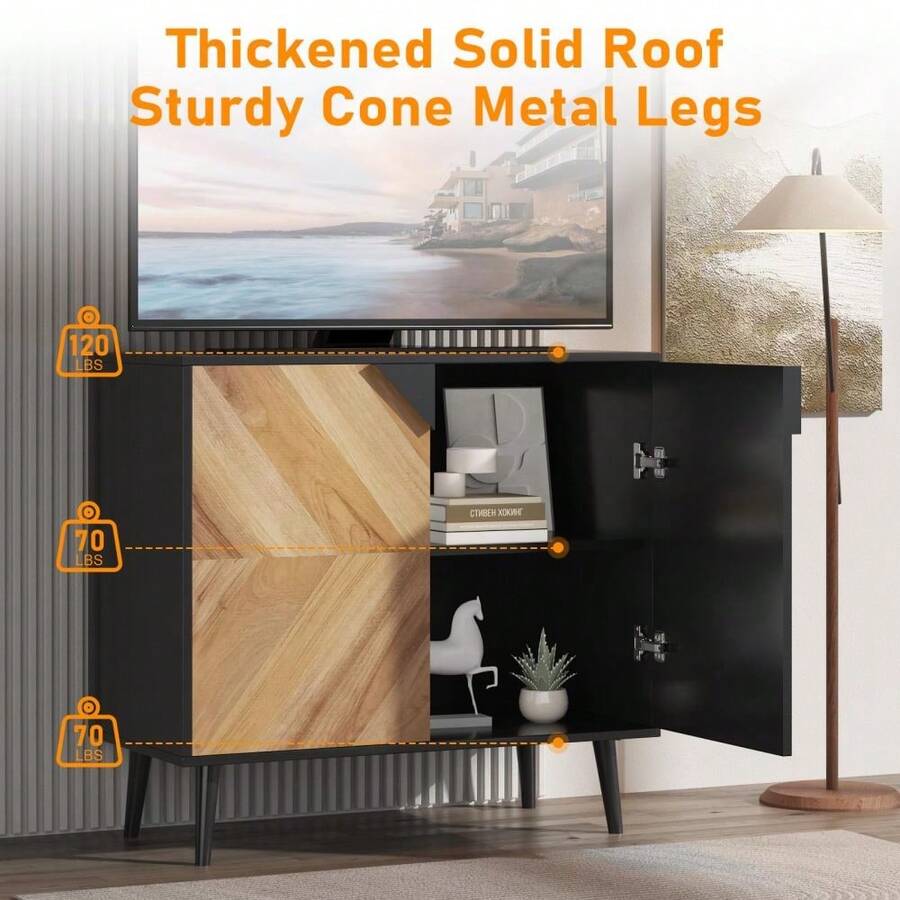 Aparador moderno de almacenamiento con estante ajustable y elegante diseño de espiga – Credenza independiente para comedor – Amplio espacio de almacenamiento para cocina, sala de estar o pasillo - Veta de nogal + negro - Ver 1
