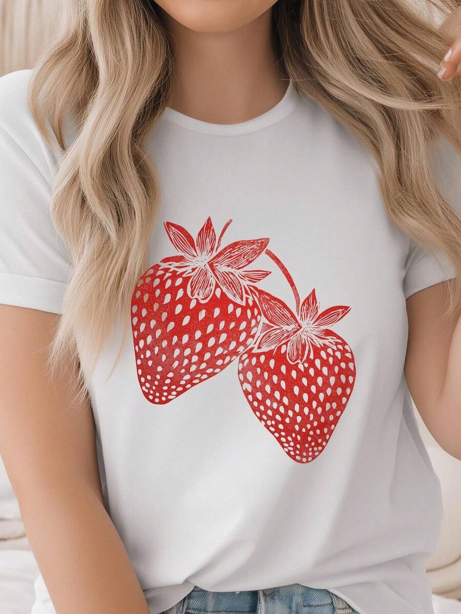 T-Shirt With A Botanical Strawberry Print On Linoleum, Vintage Fruit Graphic Tee. 220g Pure Cotton, Unisex. Ideal Weight For All Seasons, Suitable For Both Men And Women. Durable, High-Quality Fabric, Soft To The Touch And Long-Lasting. Breathable Top. Suitable For Spring And Summer, Holidays, Mother's Day, And Independence Day. - 白色 - 查看 1