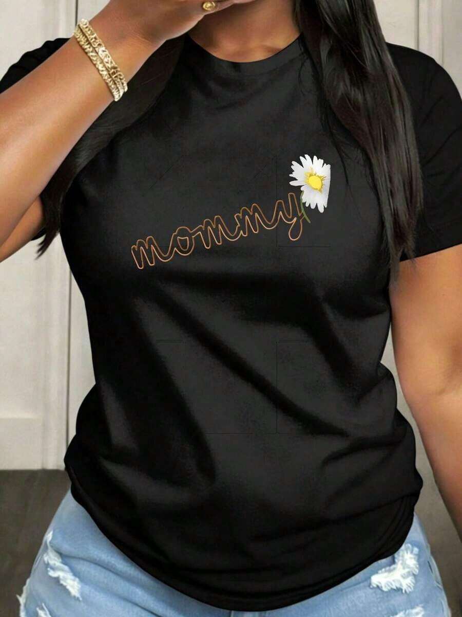 Embroidered T-Shirt For Mother's Day, Short Sleeve And Round Neck, With Medium Elasticity Fabric, Suitable For Casual Spring, Summer And Autumn Outfits, Machine Washable, Fun Design - Urban Vintage Style, Unisex Cotton T-Shirt, Short Sleeve And Round Neck. - Black - View 1