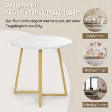 Round Dining Table (1 Piece), Kitchen Table, Unique Metal Frame, Dining Table With Modern Marble Pattern, Suitable For Dining Room, Living Room, White/Gold - White - View 4