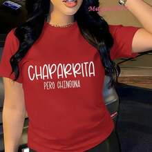 Camiseta de Algodón Vintage para Mujer con Estampado Gráfico "Chaparita Pero Chingona", Manga Corta, Cuello Redondo, Estilo Casual, Corte Holgado para Uso Diario, Tallas S-5XL Disponibles, BlackFashion - Rojo - Ver 1