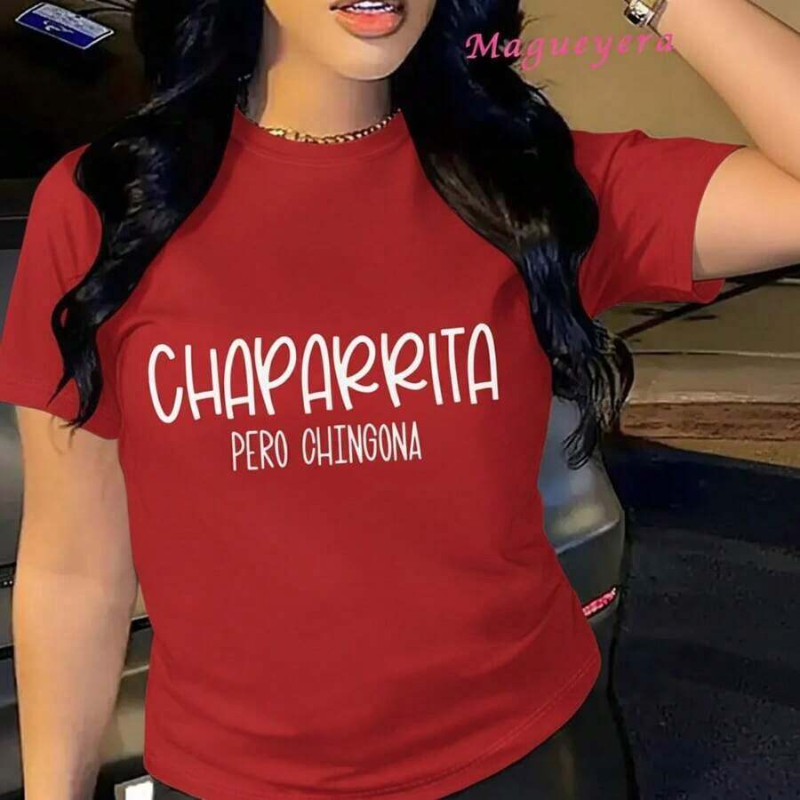 Camiseta de Algodón Vintage para Mujer con Estampado Gráfico "Chaparita Pero Chingona", Manga Corta, Cuello Redondo, Estilo Casual, Corte Holgado para Uso Diario, Tallas S-5XL Disponibles, BlackFashion - Rojo - Ver 1
