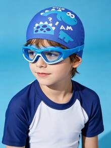 2pcs Cartoon Dinosaur Pattern Breathable Swimming Cap + Blue & White Anti-Fog Anti-Dust Swimming Goggles, Children Swimming Gear Set - Multicolor - View 4