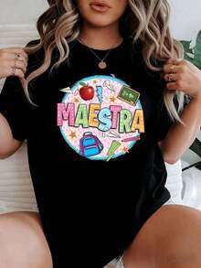 Short-Sleeve Graphic Tees Colorful Print With The Word TEACHER Surrounded By Apple, Chalkboard, Backpack, Pencil, Stars And Learning Symbols That Celebrate Educational Dedication. Women's T-Shirt, 100% Cotton, Comfortable And Creative. - 黑色 - 查看 1
