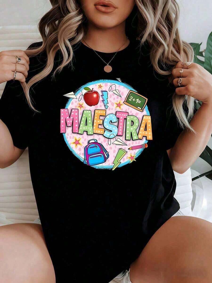 Short-Sleeve Graphic Tees Colorful Print With The Word TEACHER Surrounded By Apple, Chalkboard, Backpack, Pencil, Stars And Learning Symbols That Celebrate Educational Dedication. Women's T-Shirt, 100% Cotton, Comfortable And Creative. - 黑色 - 查看 1