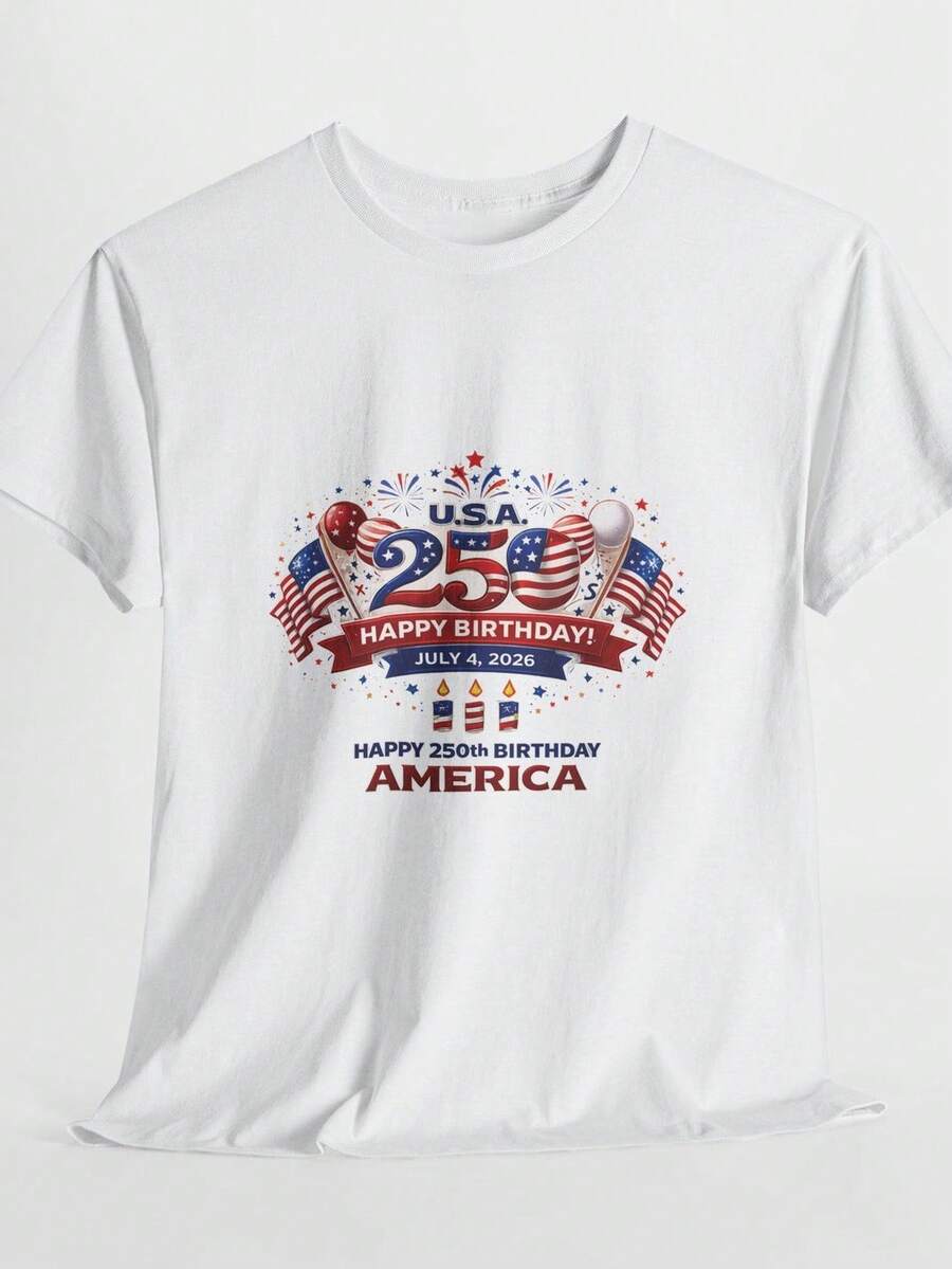 Camiseta de cumpleaños número 250 de Estados Unidos, Día de la Independencia, patriótica. 220 g, algodón puro unisex. Peso ideal para todas las estaciones, apta para hombres y mujeres. Tejido duradero de alta calidad, suave al tacto y de larga duración. Transpirable. Adecuada para primavera y verano, vacaciones, Día de la Madre y Día de la Independencia. - Blanco - Ver 1